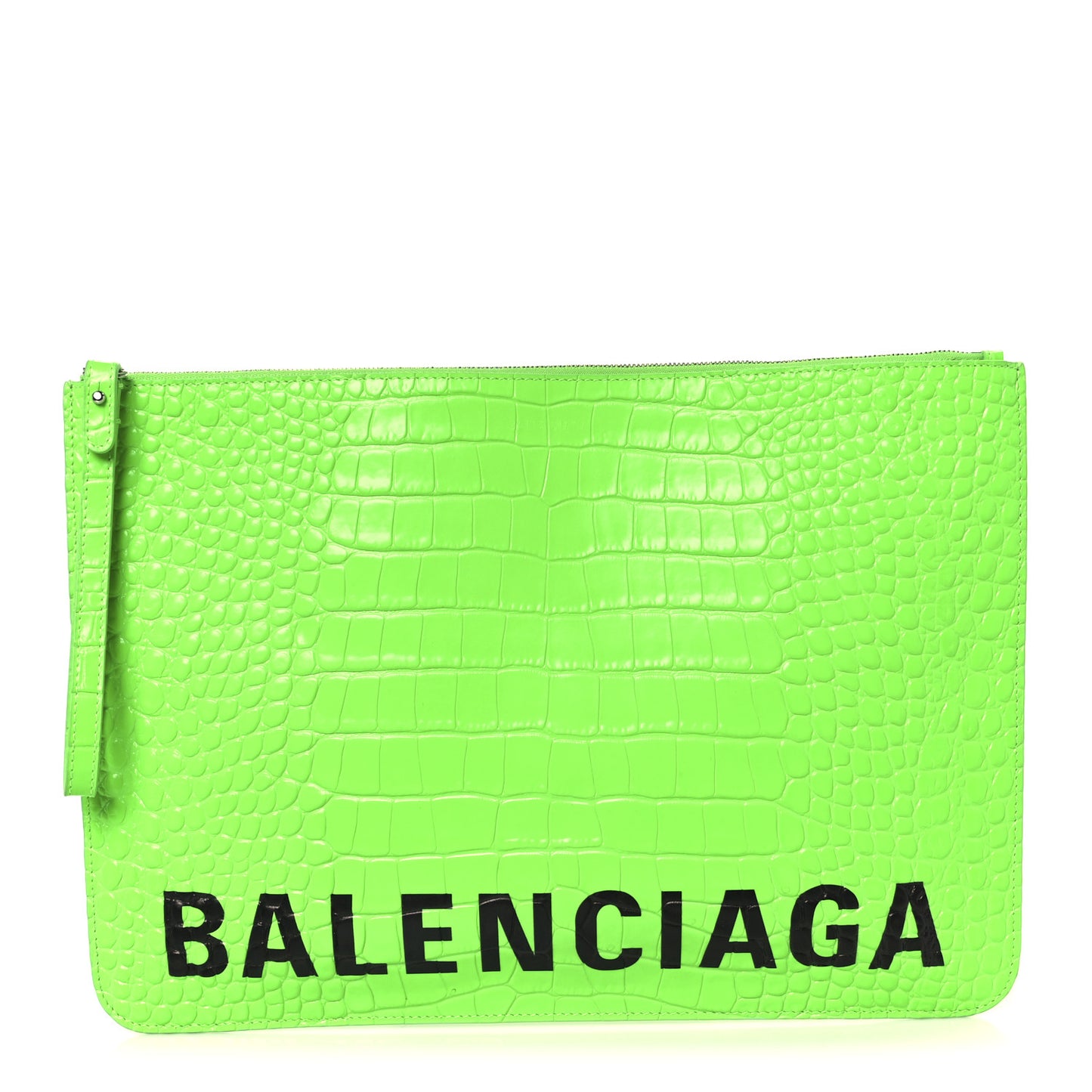 Shiny Calfskin Crocodile Embossed Logo Large Cash Pouch With Handle Fluo Green