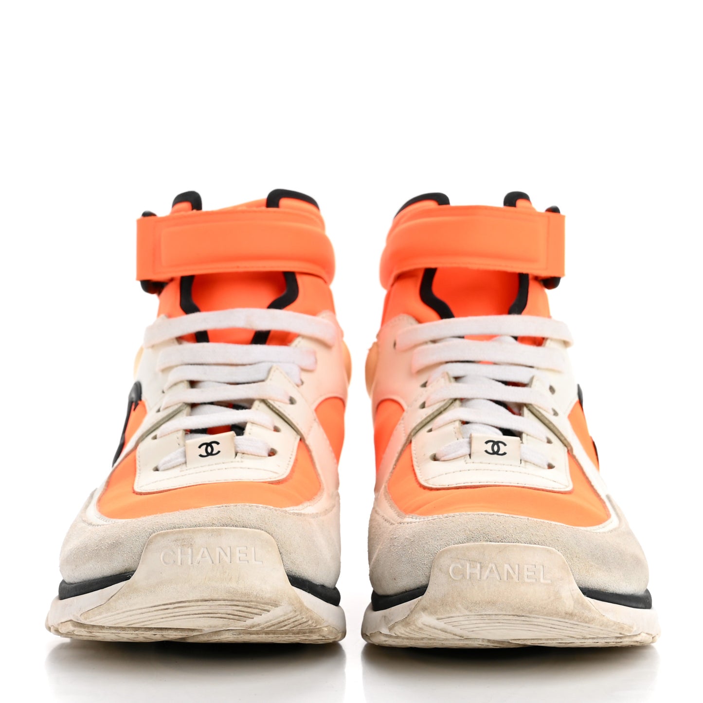 Suede Calfskin Lambskin Neoprene High Top CC Sneakers 40 White Fluo Orange