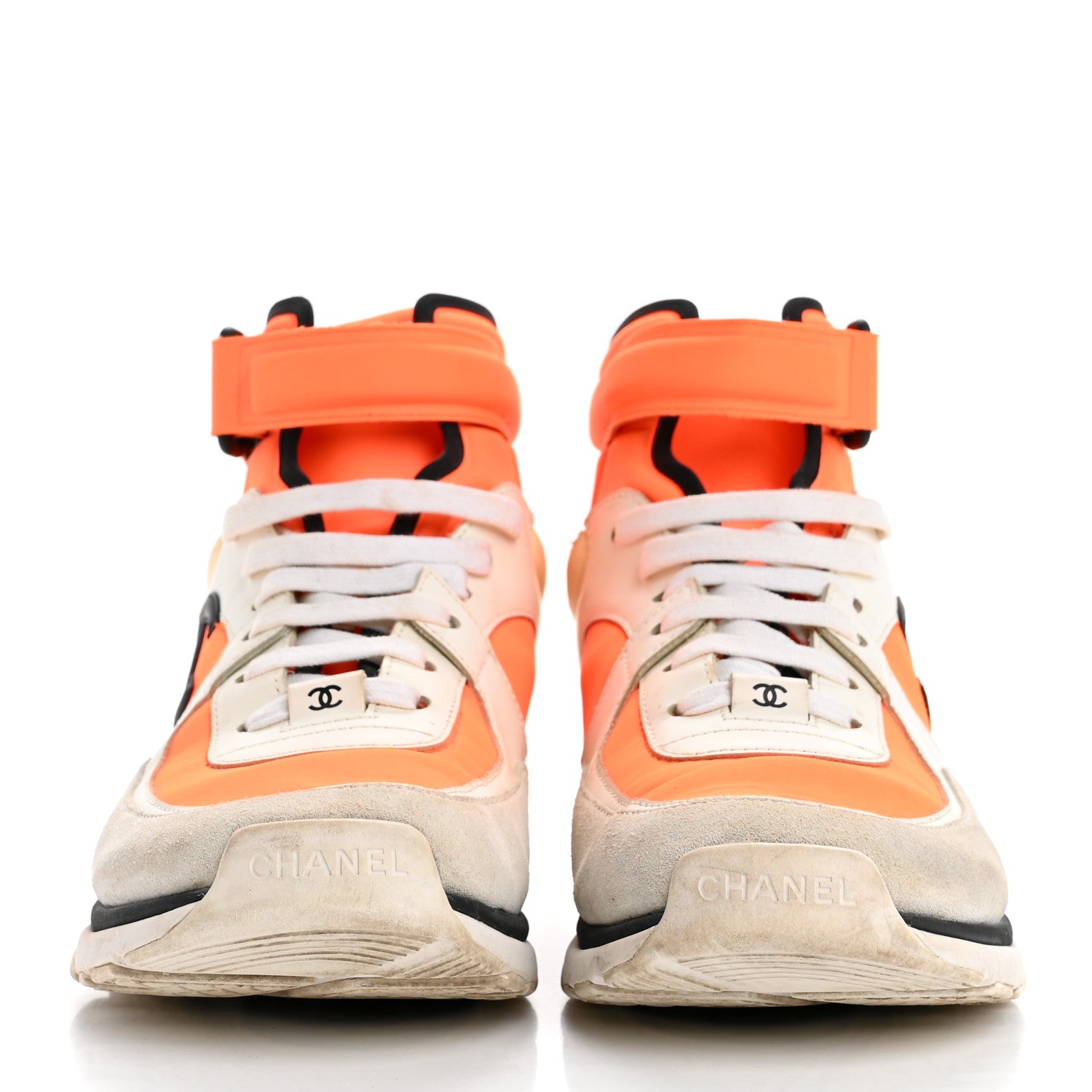 Chanel Suede Calfskin Lambskin Neoprene High Top CC Sneakers 40 White Fluo Orange 3 of 10