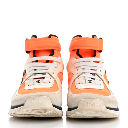 Chanel Suede Calfskin Lambskin Neoprene High Top CC Sneakers 40 White Fluo Orange 3 of 10