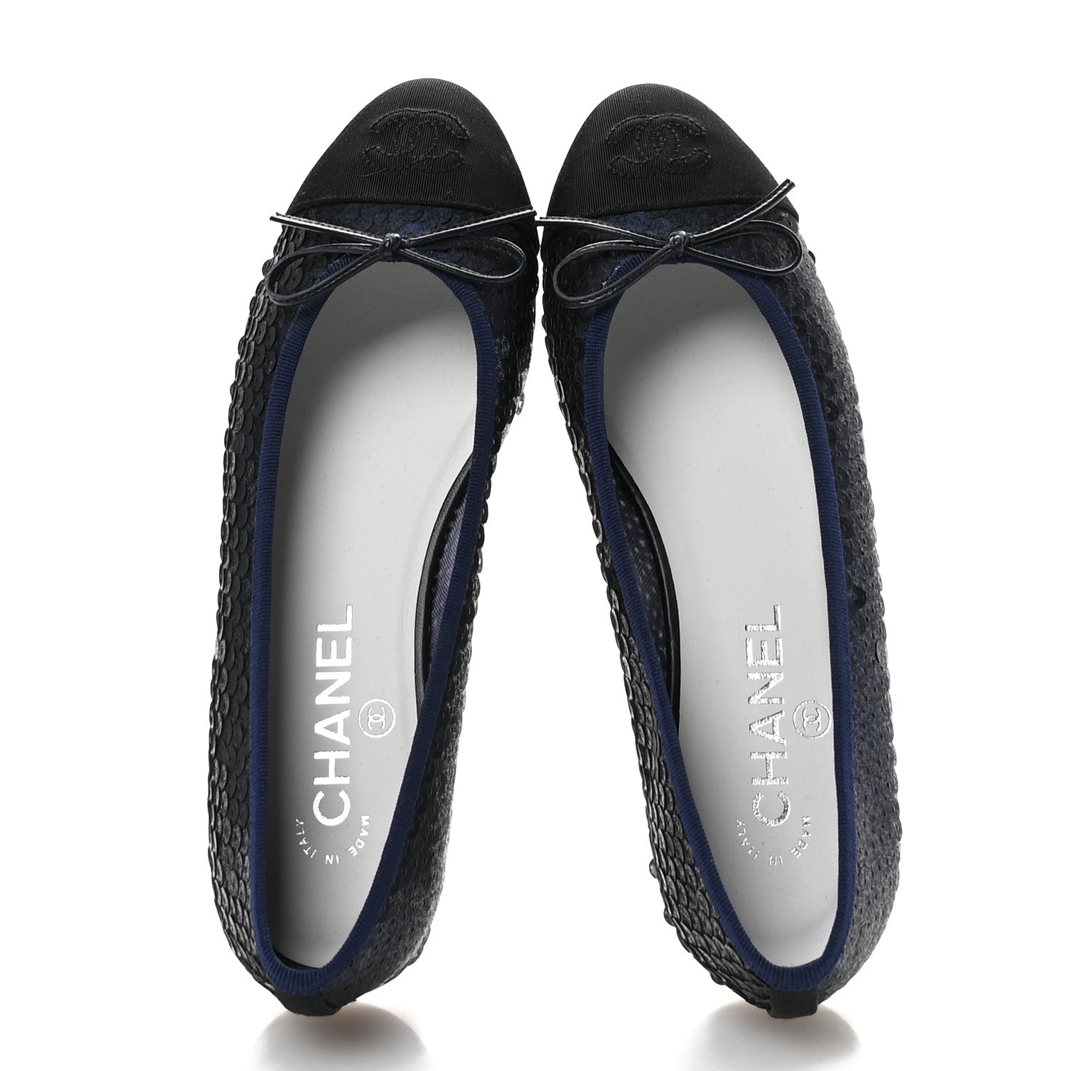 Chanel Glittered Muslin Grosgrain Cap Toe Ballerina Flats 37 Navy Blue Black 2 of 8