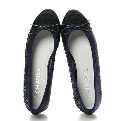 Chanel Glittered Muslin Grosgrain Cap Toe Ballerina Flats 37 Navy Blue Black 2 of 8