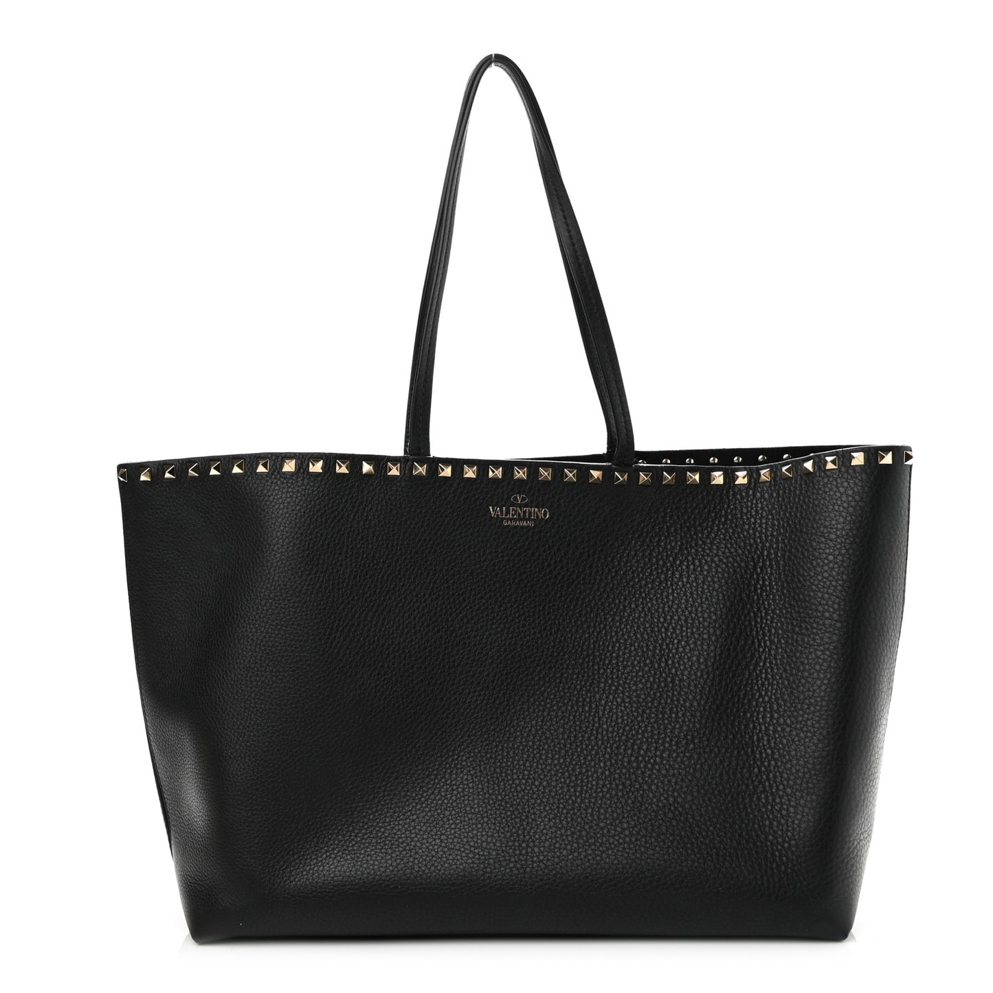 Grained Calfskin Rockstud Shoulder Tote Black
