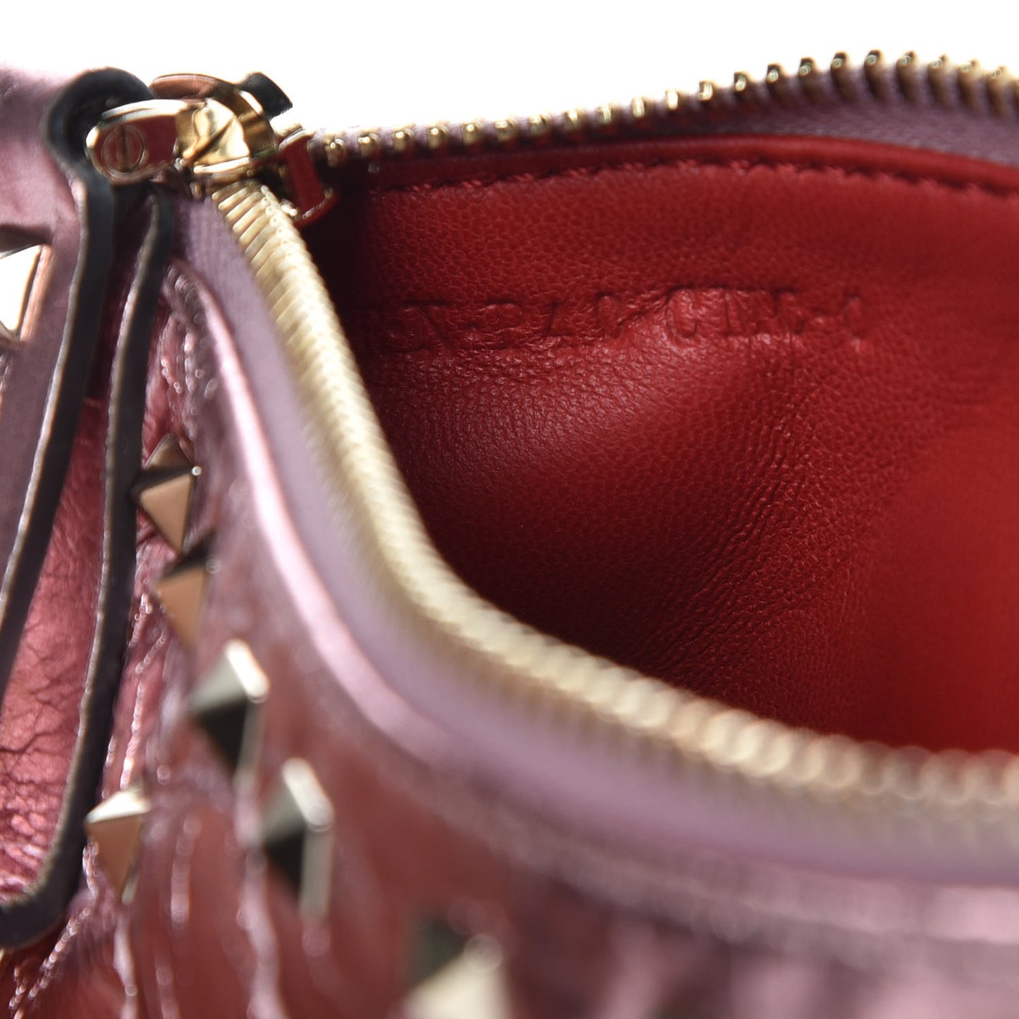 Metallic Wrinkled Lambskin Rockstud Spike Zip Coin Purse Lipstick
