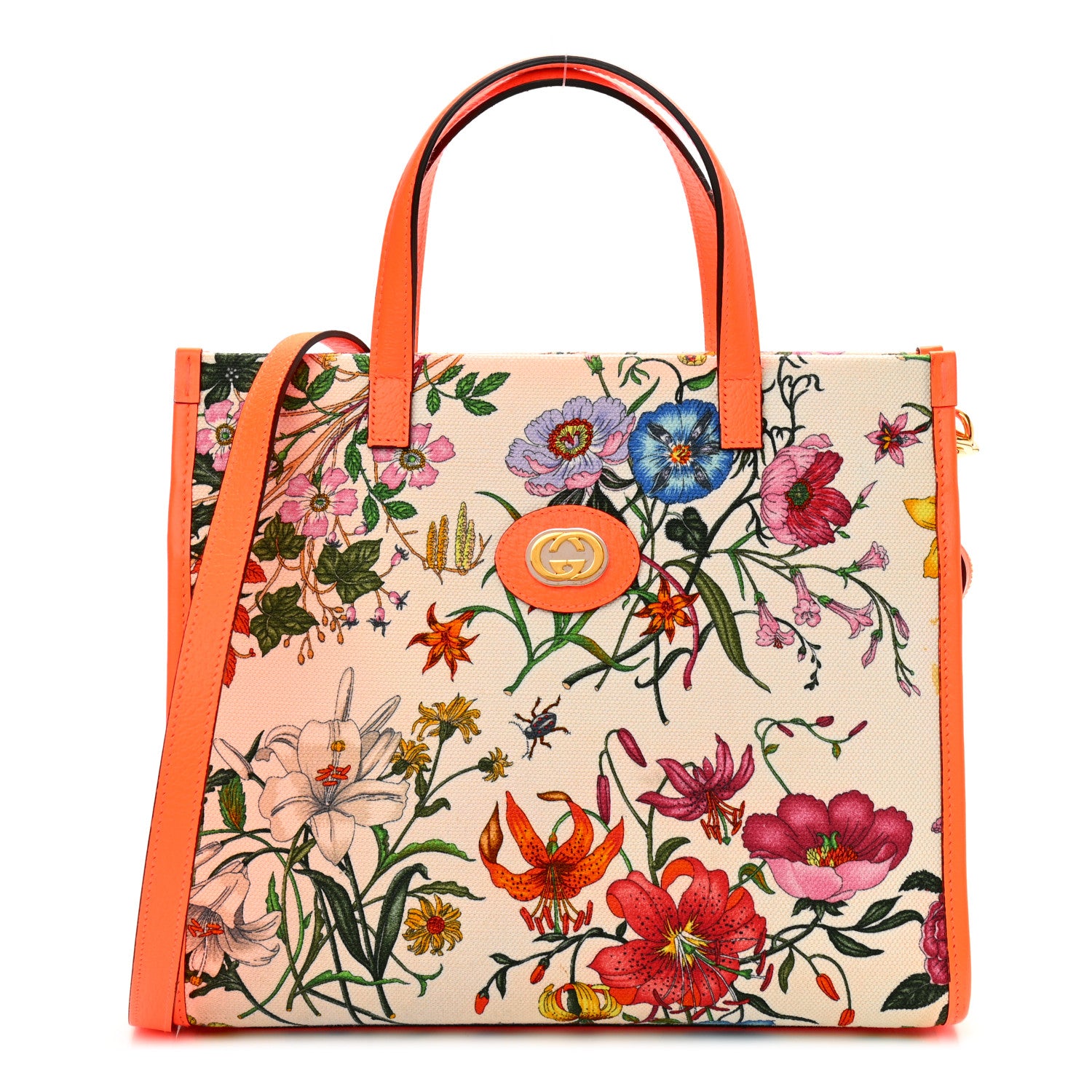 Gucci Canvas Medium Flora Tote White Multicolor Orange Fluo 1 of 14