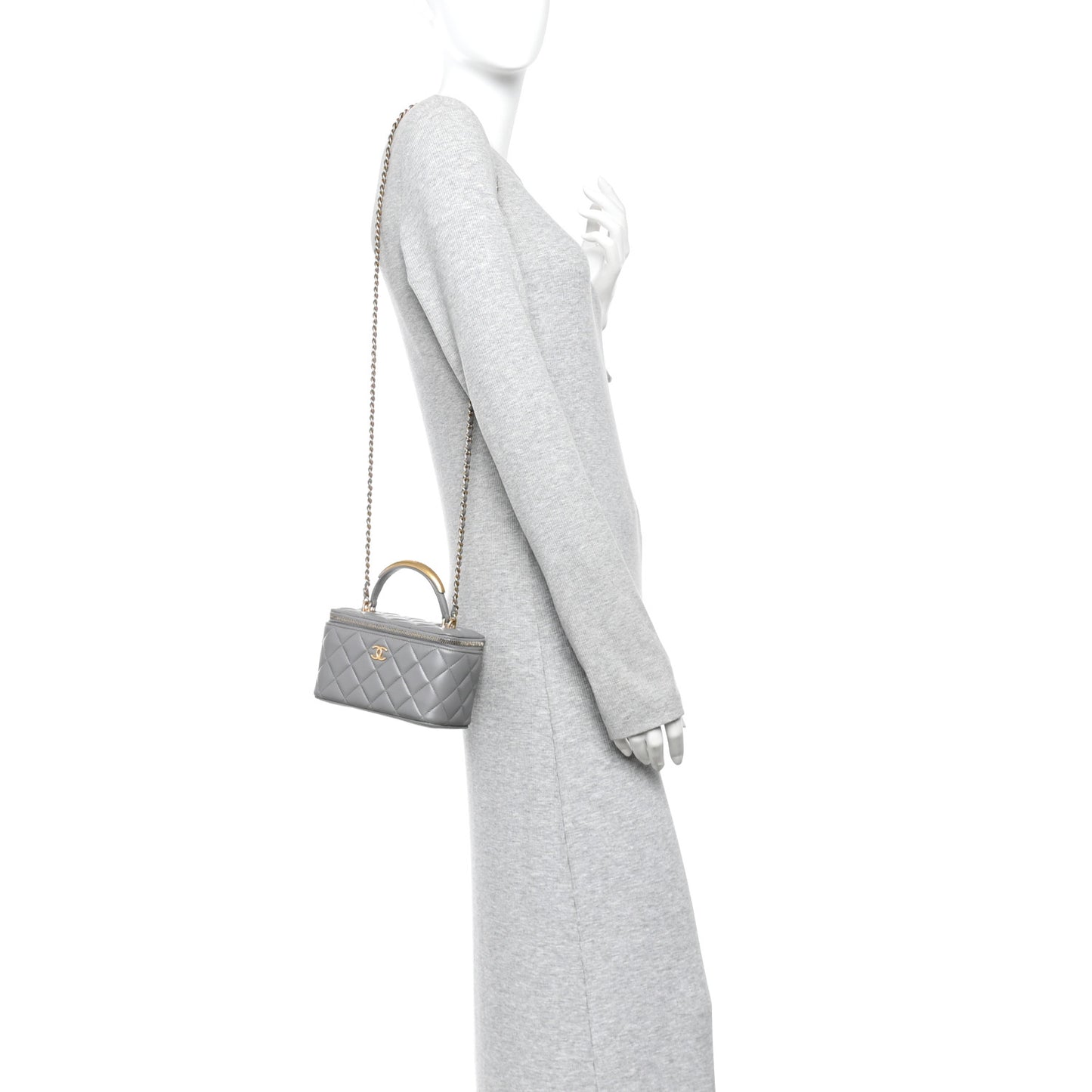 Lambskin Quilted Metal Small Top Handle Vanity Case With Chain Grey