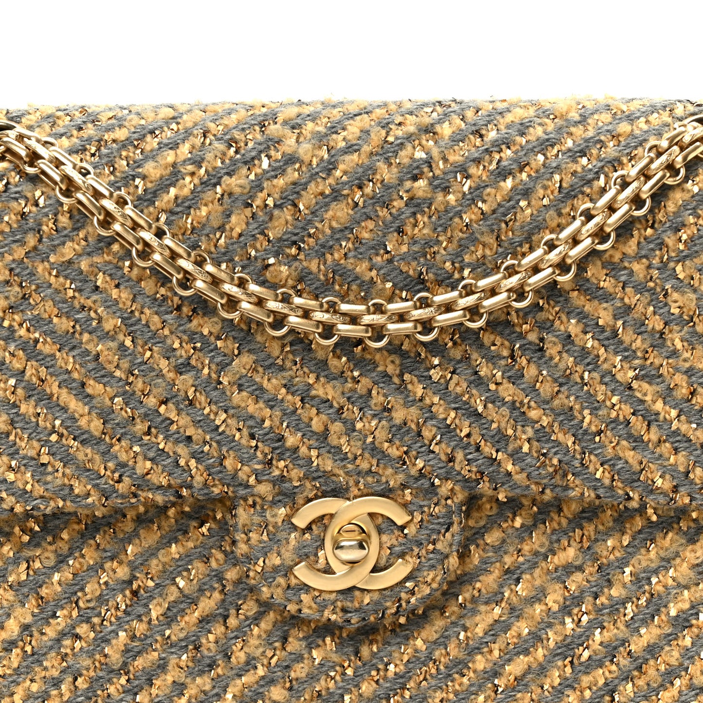 Metallic Tweed Quilted Medium Single Flap Beige Grey Gold