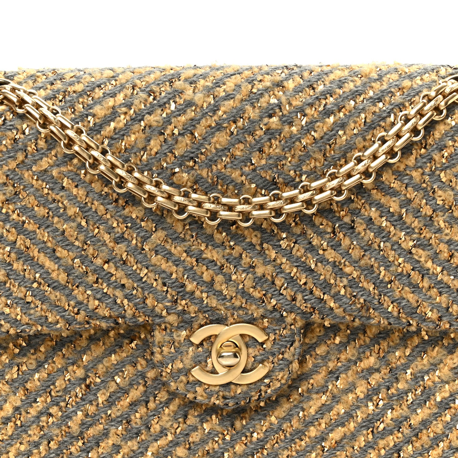 Chanel Metallic Tweed Quilted Medium Single Flap Beige Grey Gold 9 of 12