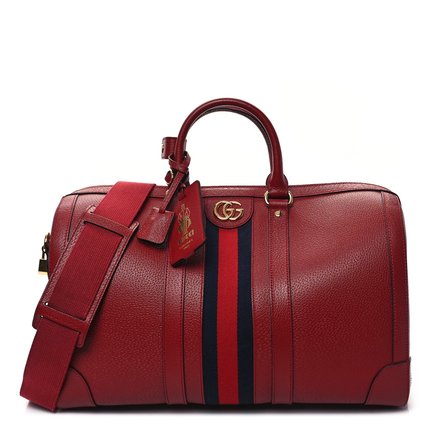 Gucci Textured Dollar Calfskin Web Medium Savoy Duffle Bag Red 1 of 10