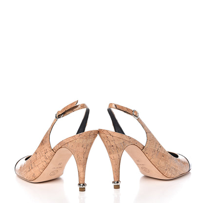 Chanel Patent Cork Cap Toe CC Slingbacks 38 Beige 11 of 13