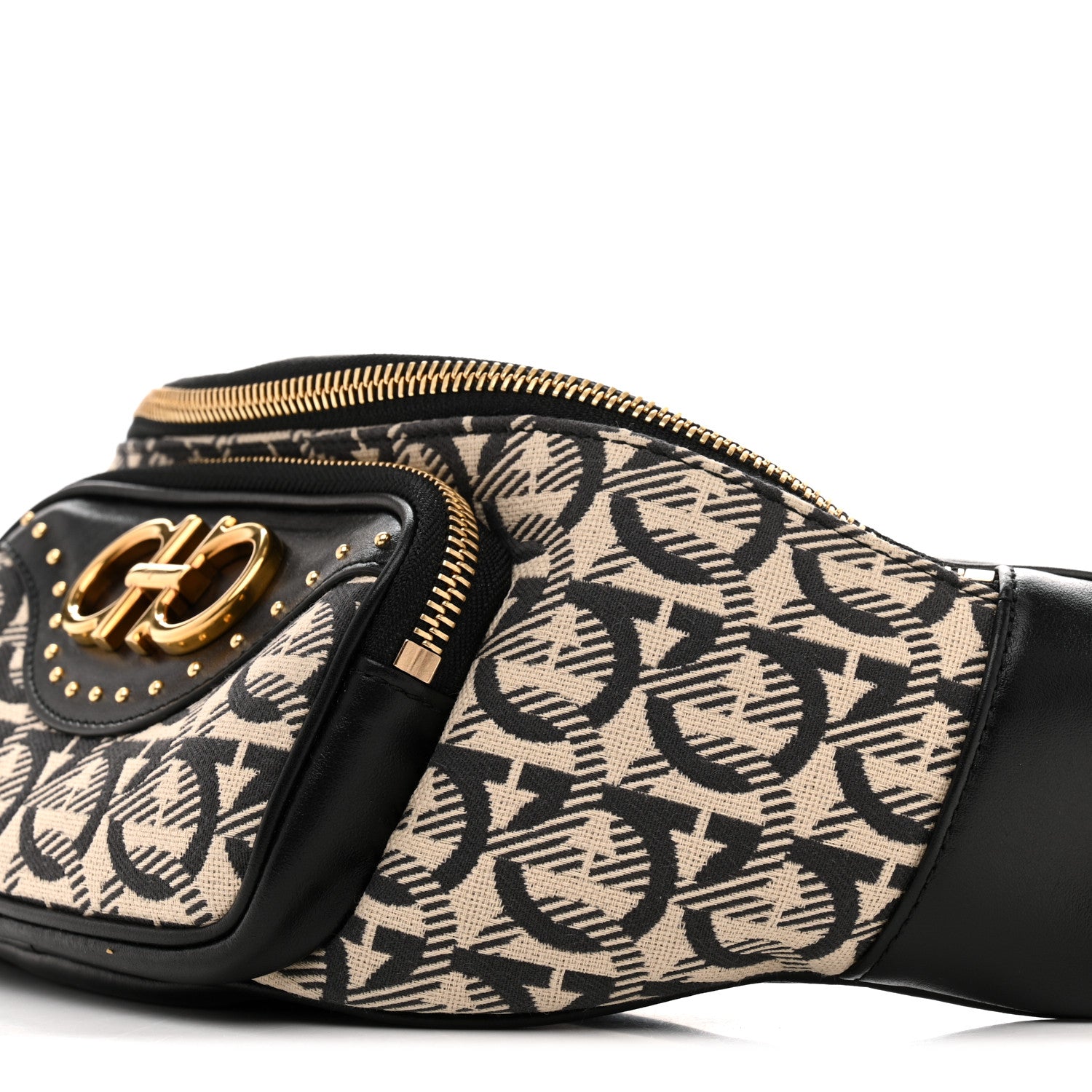 Salvatore Ferragamo Canvas Calfskin Gancini Studded Waist Bag Black Beige 10 of 10