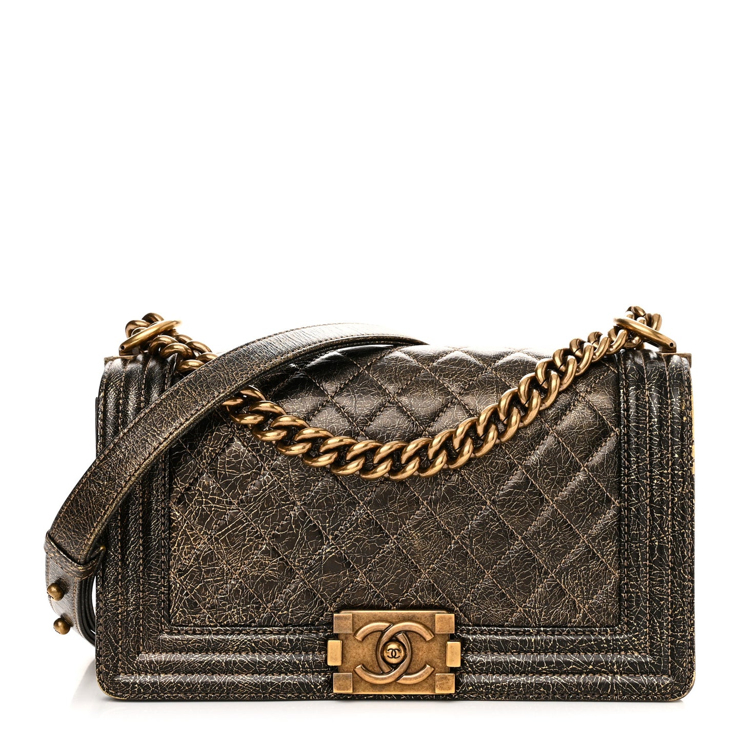 Cracked Metallic Calfskin Quilted Medium Boy Flap Gold