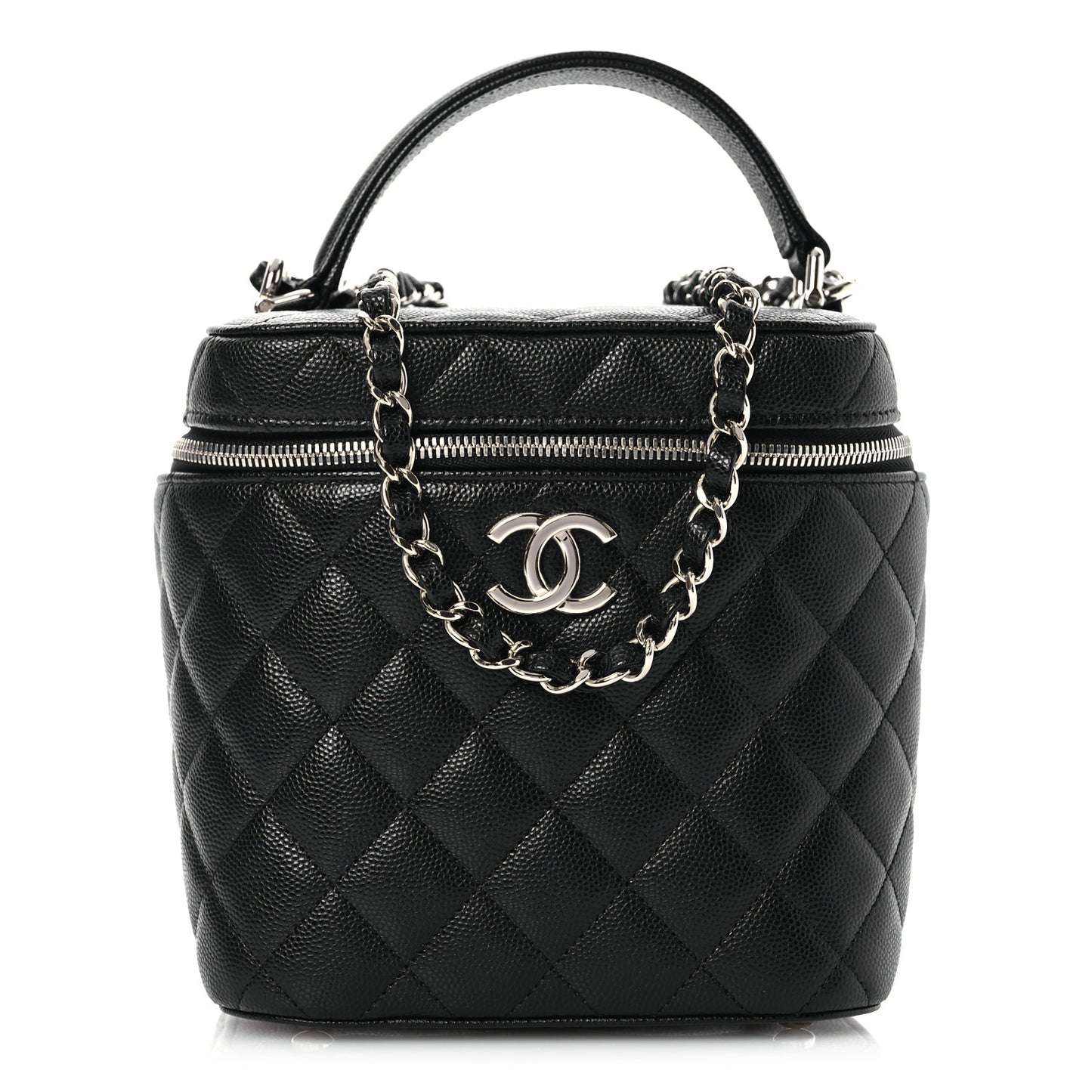 Caviar Quilted Small Top Handle Vanity Case With Chain Black