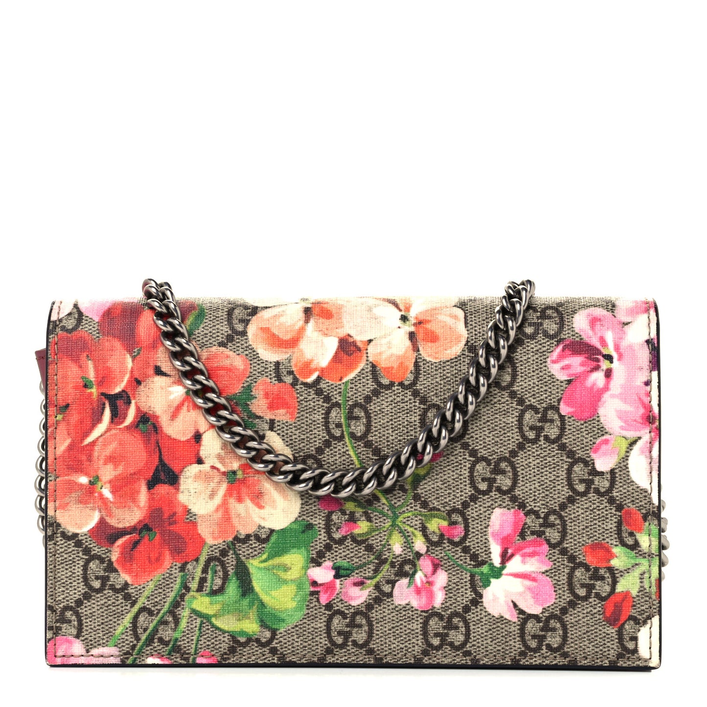 GG Supreme Monogram Blooms Chain Wallet Beige Multicolor Dry Rose