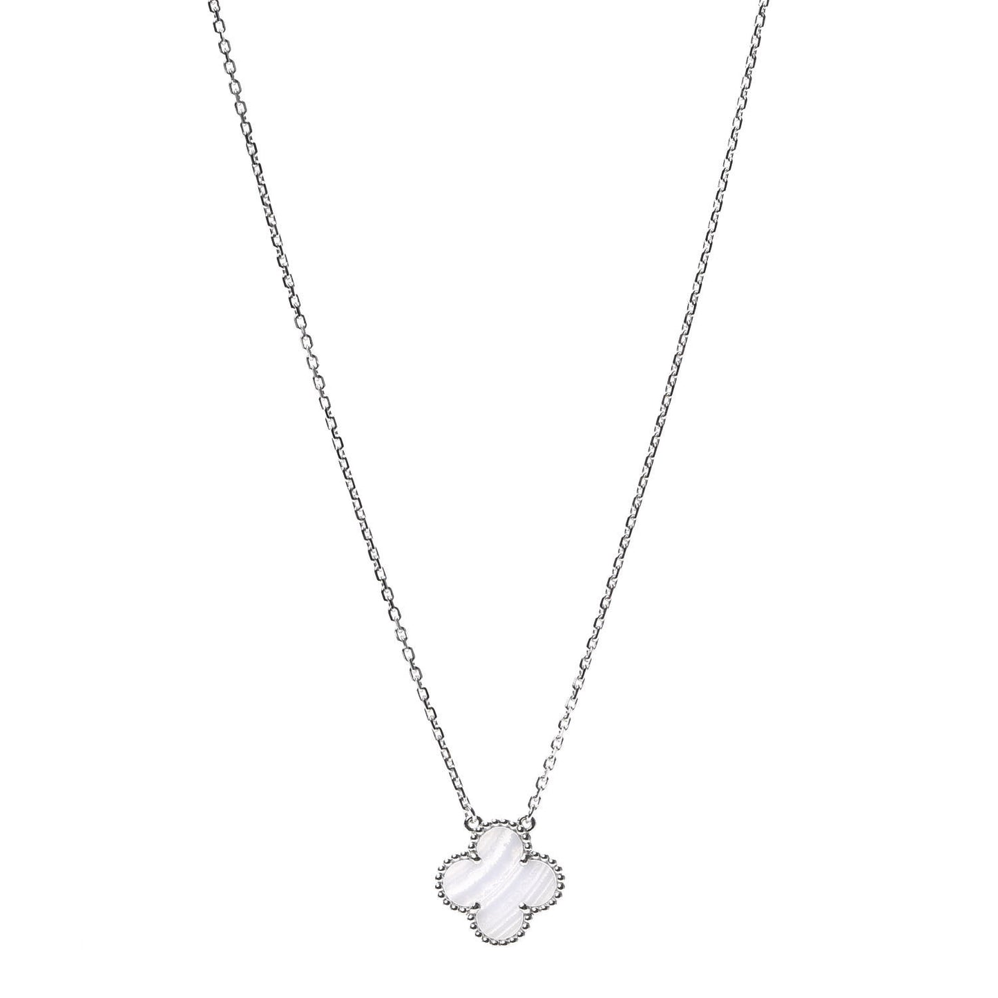 18K White Gold Chalcedony Vintage Alhambra Pendant Necklace