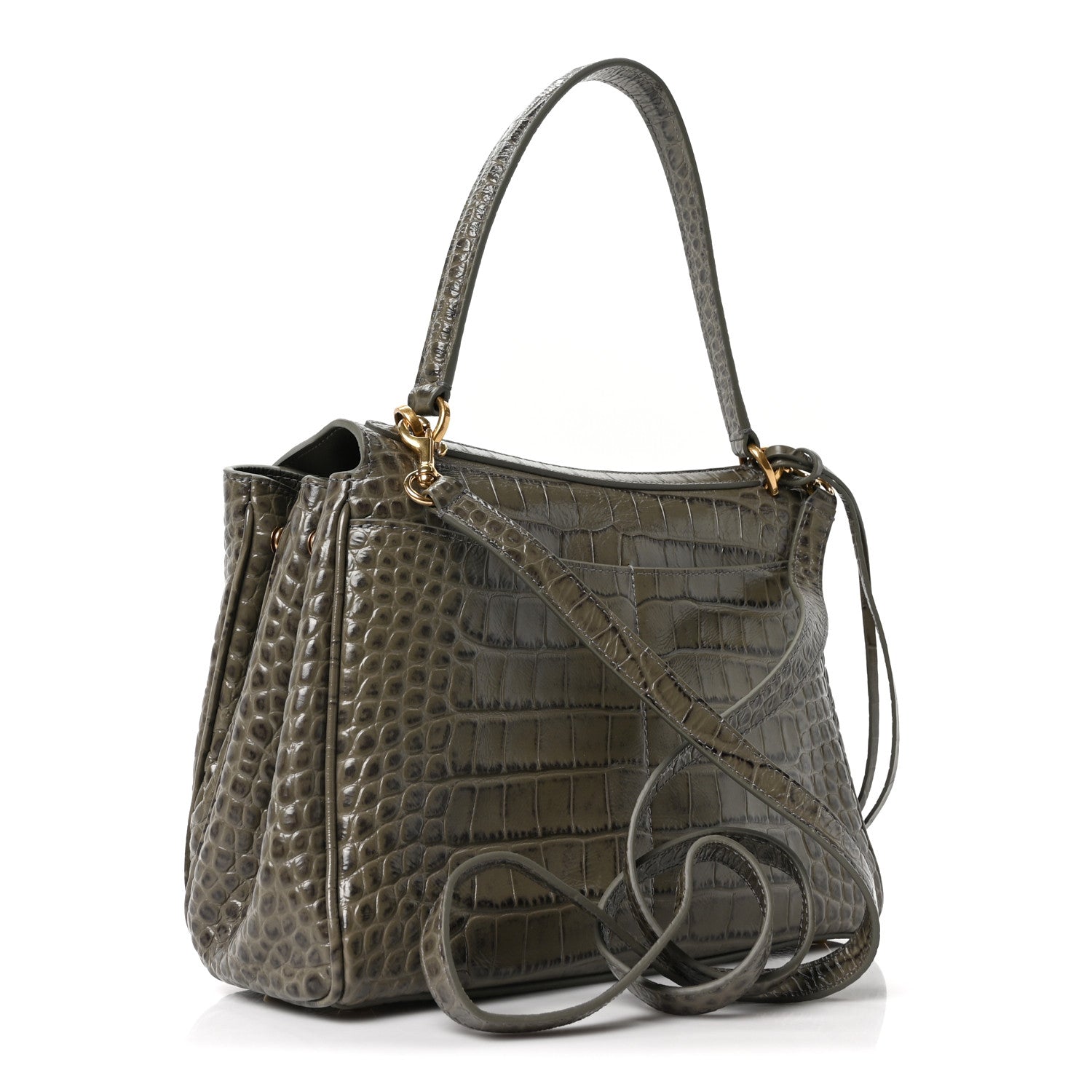 Balenciaga Shiny Calfskin Crocodile Embossed Small Rodeo Top Handle Handbag Army Green 3 of 9