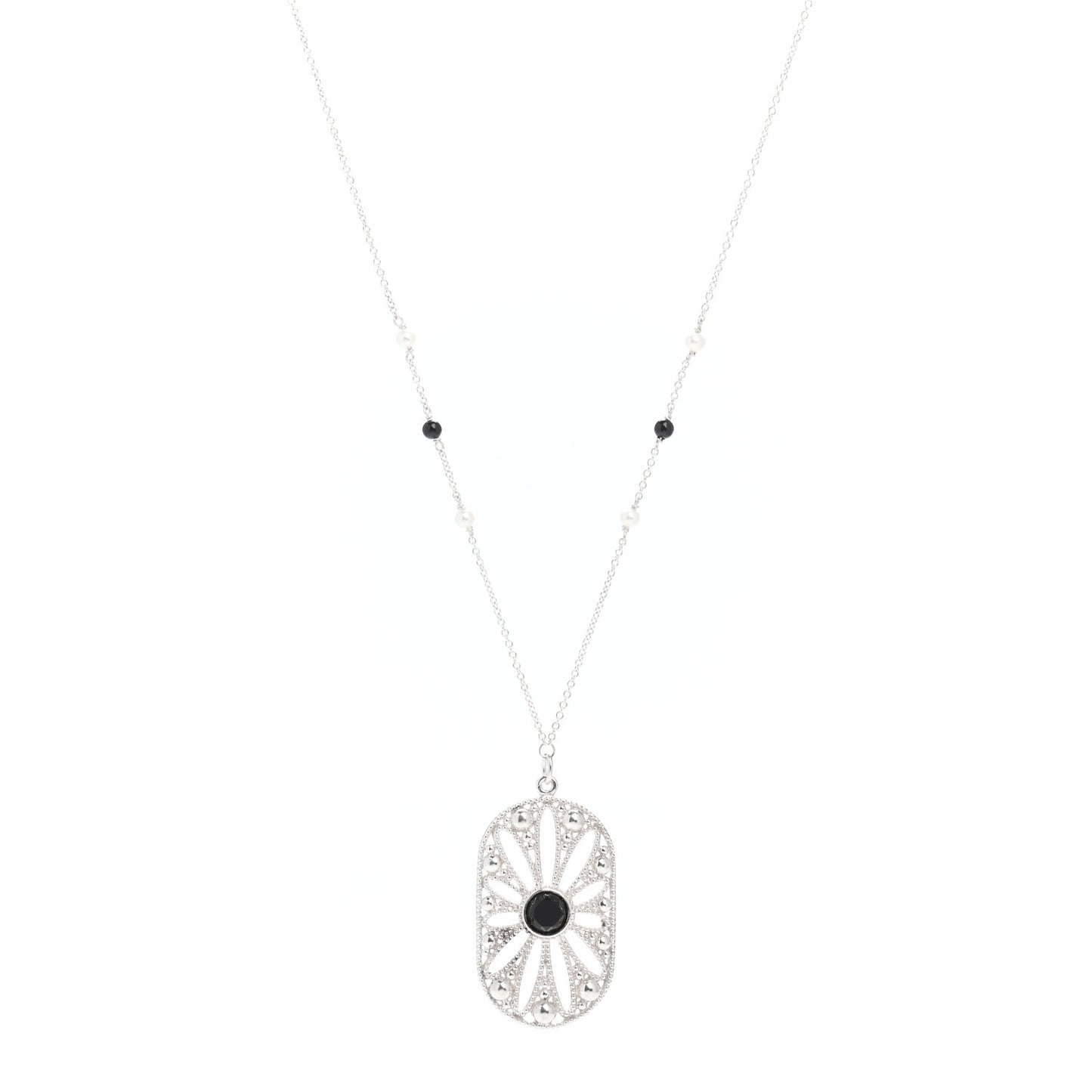 Sterling Silver Black Onyx Pearl Ziegfeld Daisy Pendant Necklace