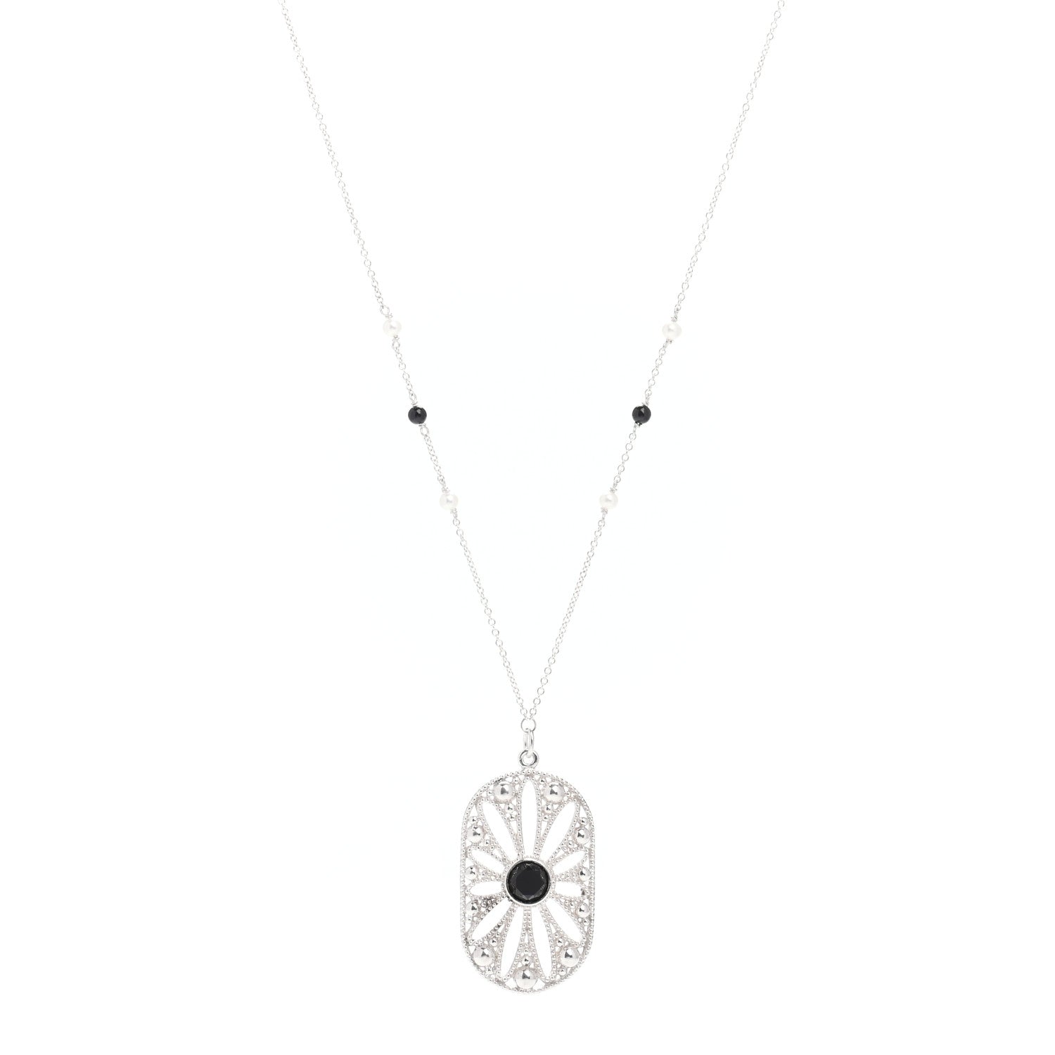 Tiffany Sterling Silver Black Onyx Pearl Ziegfeld Daisy Pendant Necklace 1 of 4