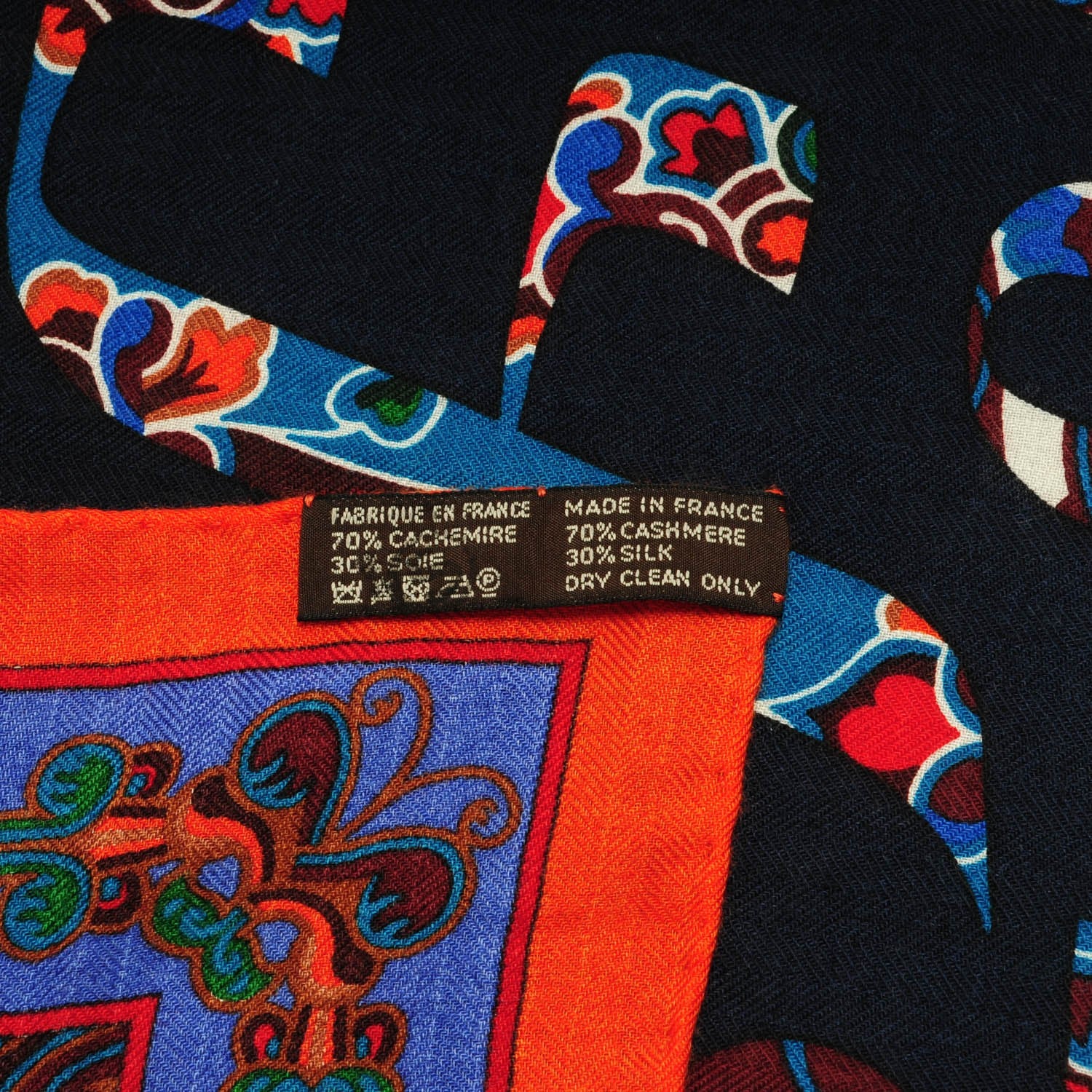 Hermes Cashmere Silk Lettres d'Erevan Shawl 140 Marine Canard Orange 6 of 6