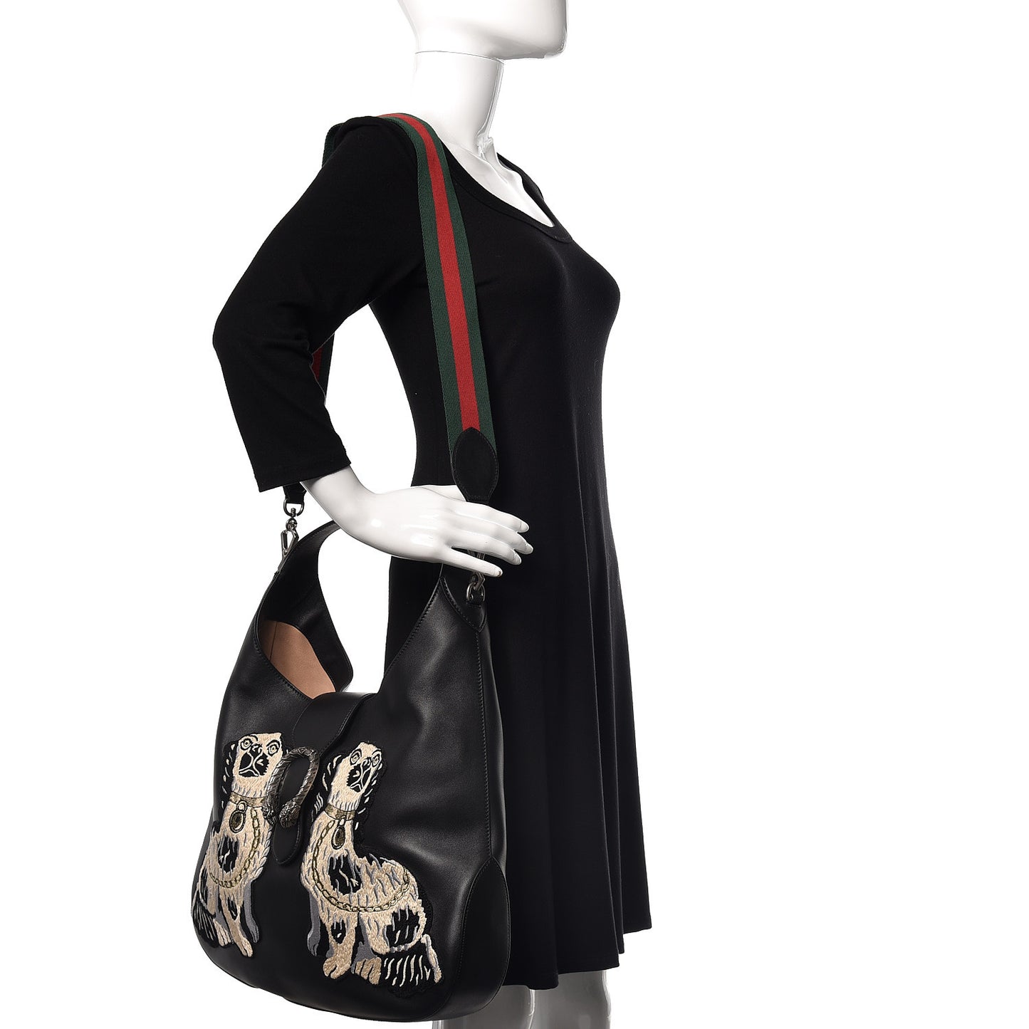 Calfskin Web Dog Embroidered Large Dionysus Hobo Black