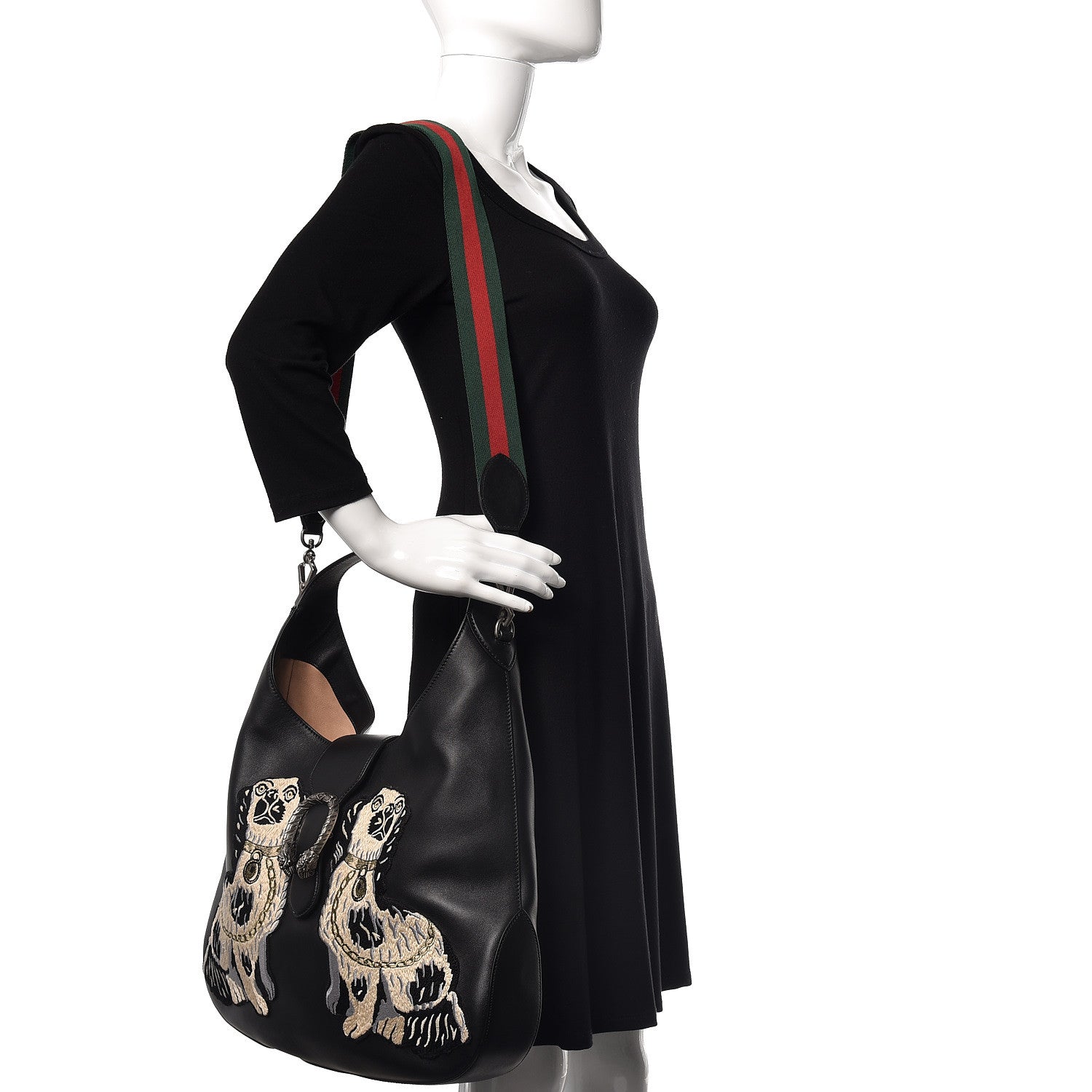 Gucci Calfskin Web Dog Embroidered Large Dionysus Hobo Black 2 of 12