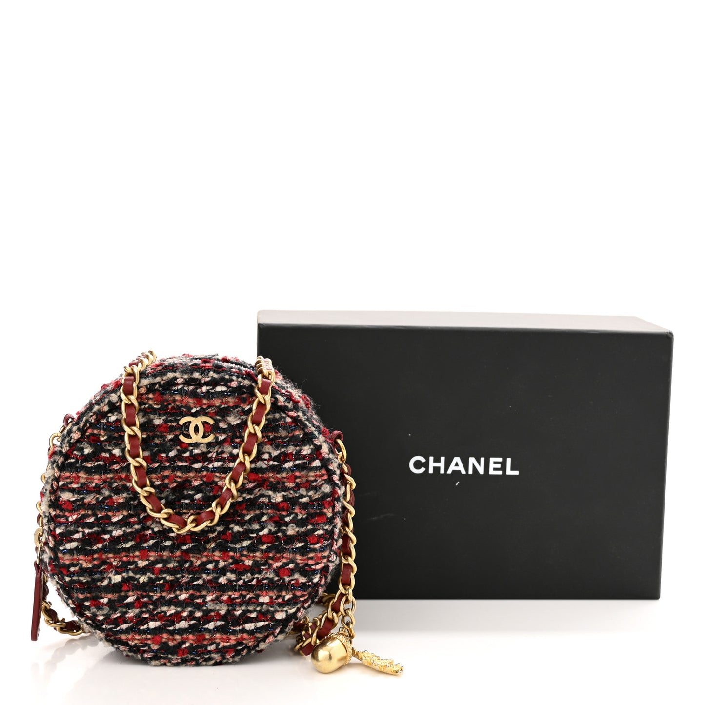 Tweed Quilted Round Clutch With Chain Red