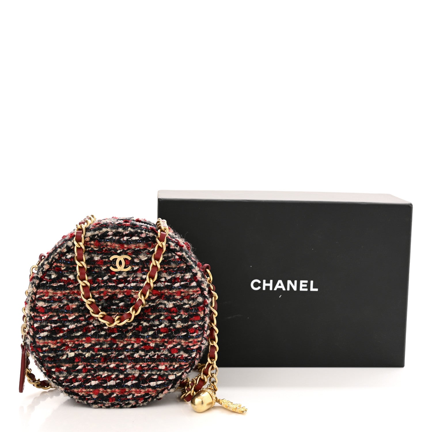 Chanel Tweed Quilted Round Clutch With Chain Red 11 of 11