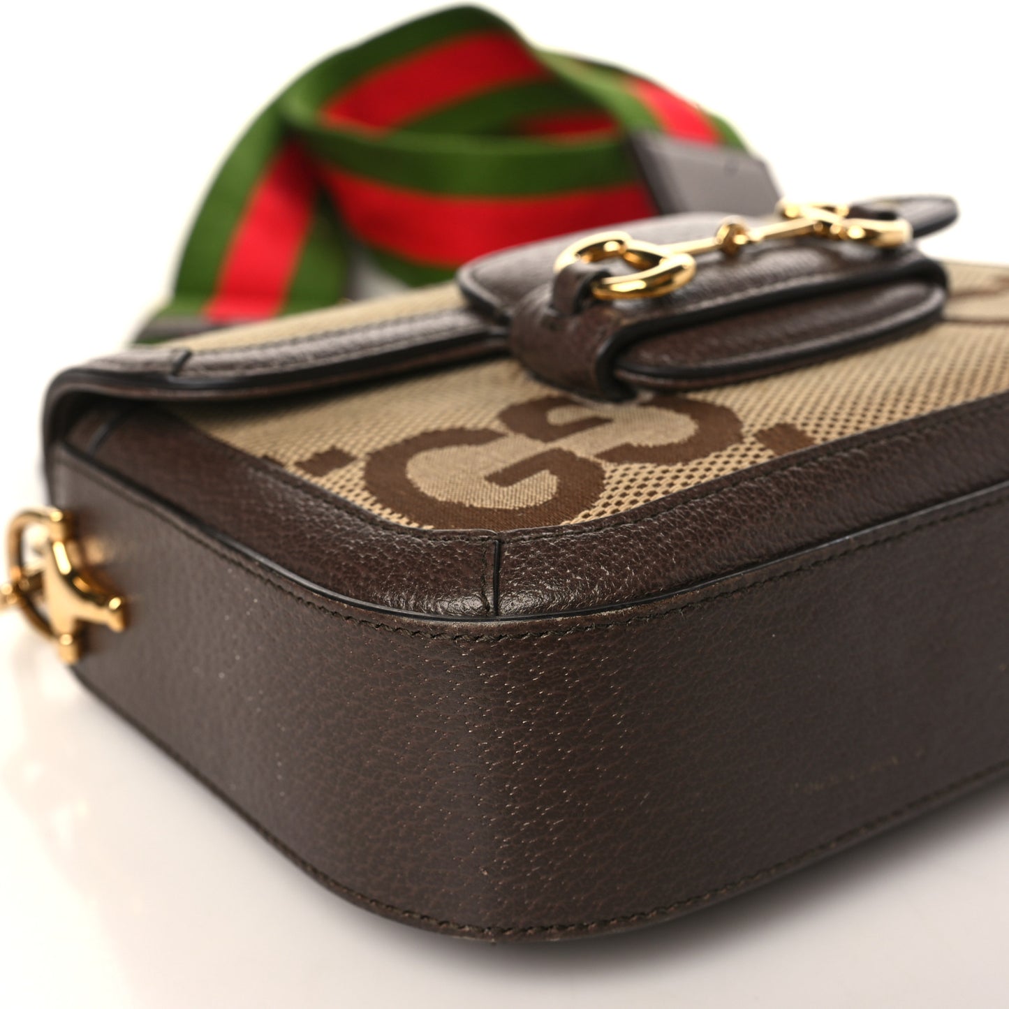 Monogram Jumbo GG Textured Dollar Calfskin Web Mini Horsebit 1955 Shoulder Bag Camel Ebony New Acero