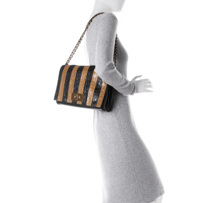 Fendi Calfskin Crocodile Embossed Striped Claudia Large Shoulder Bag Black 2 of 8