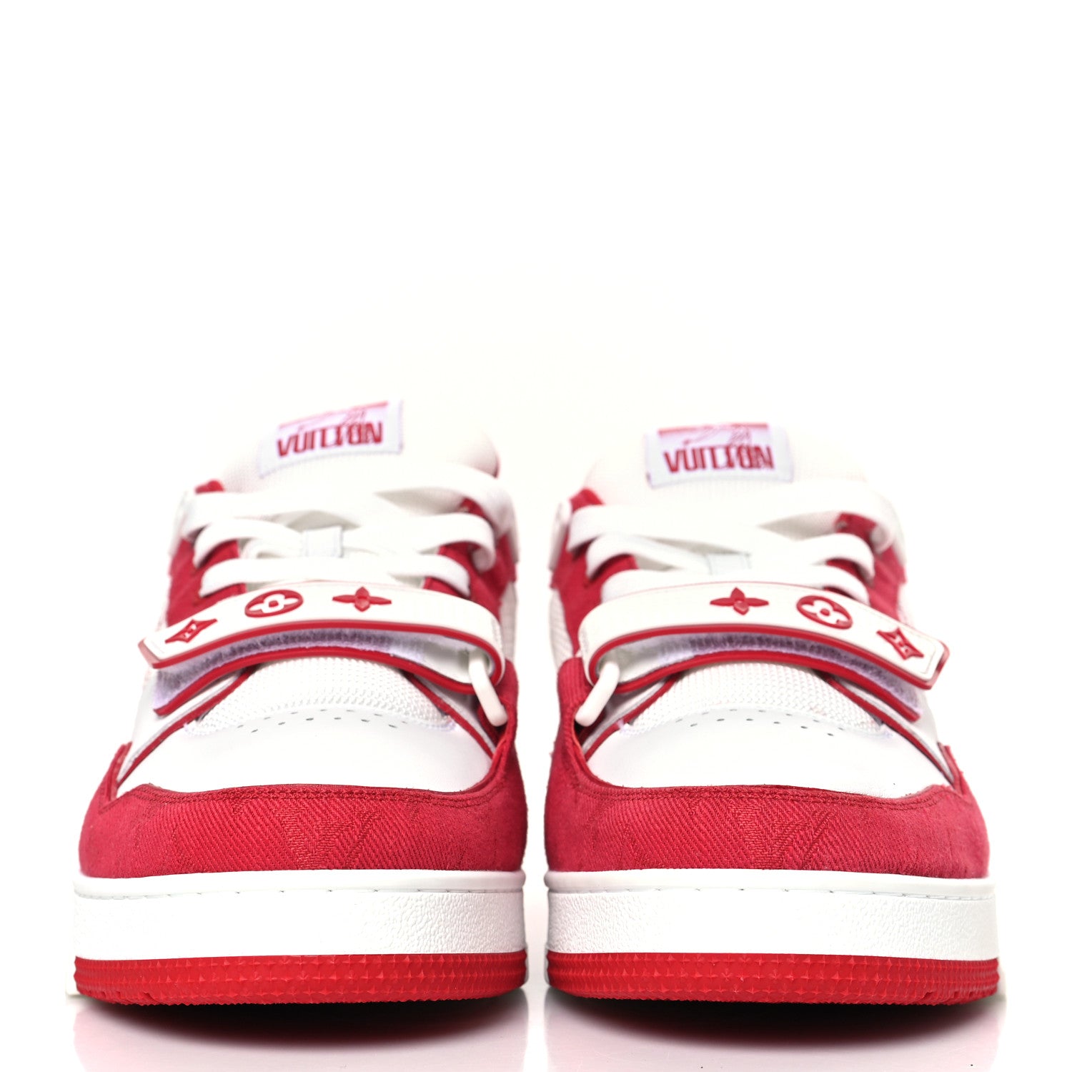 Louis Vuitton Calfskin Embossed Monogram Denim Mens LV Trainer Sneakers 9 Red 2 of 9