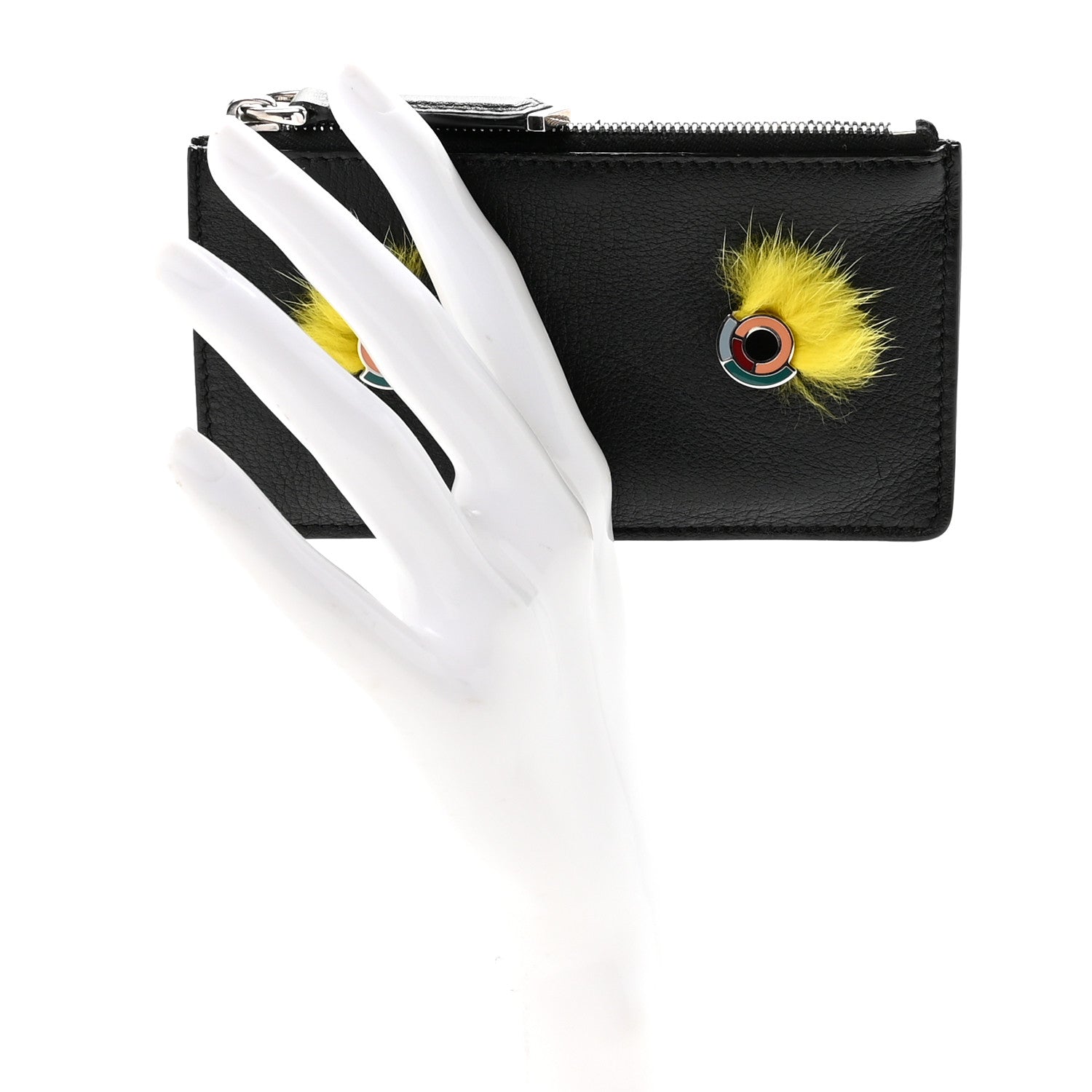 Fendi Vitello Dolce Mink Fur Hypnoteyes Zip Card Holder Black Yellow 2 of 7