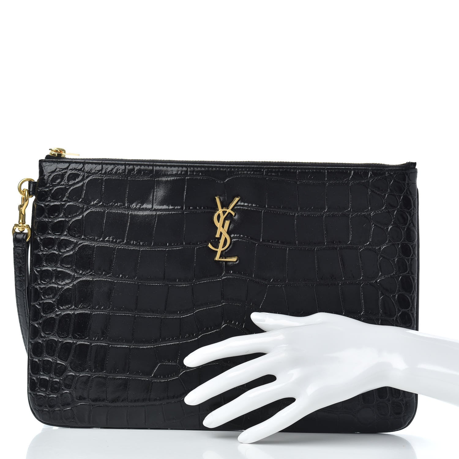 Saint Laurent Calfskin Crocodile Embossed Tablet Pouch Black 2 of 6