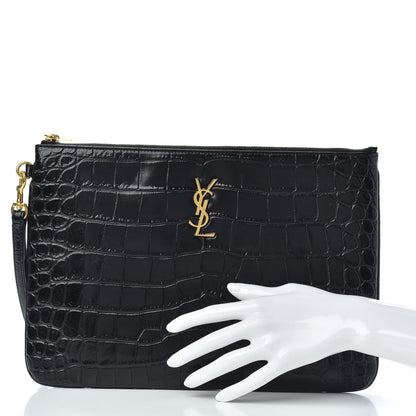 Saint Laurent Calfskin Crocodile Embossed Tablet Pouch Black 2 of 6