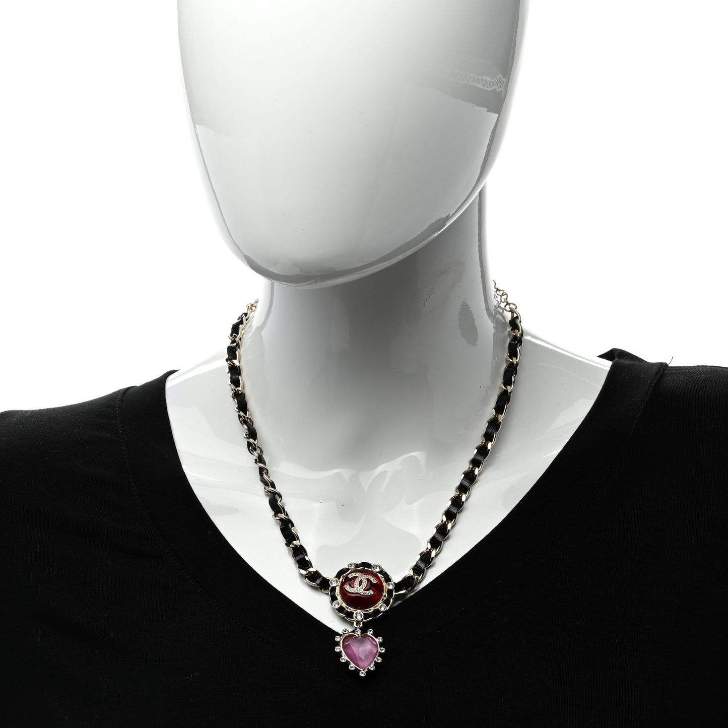Lambskin Crystal Heart Choker Necklace Black Gold Pink