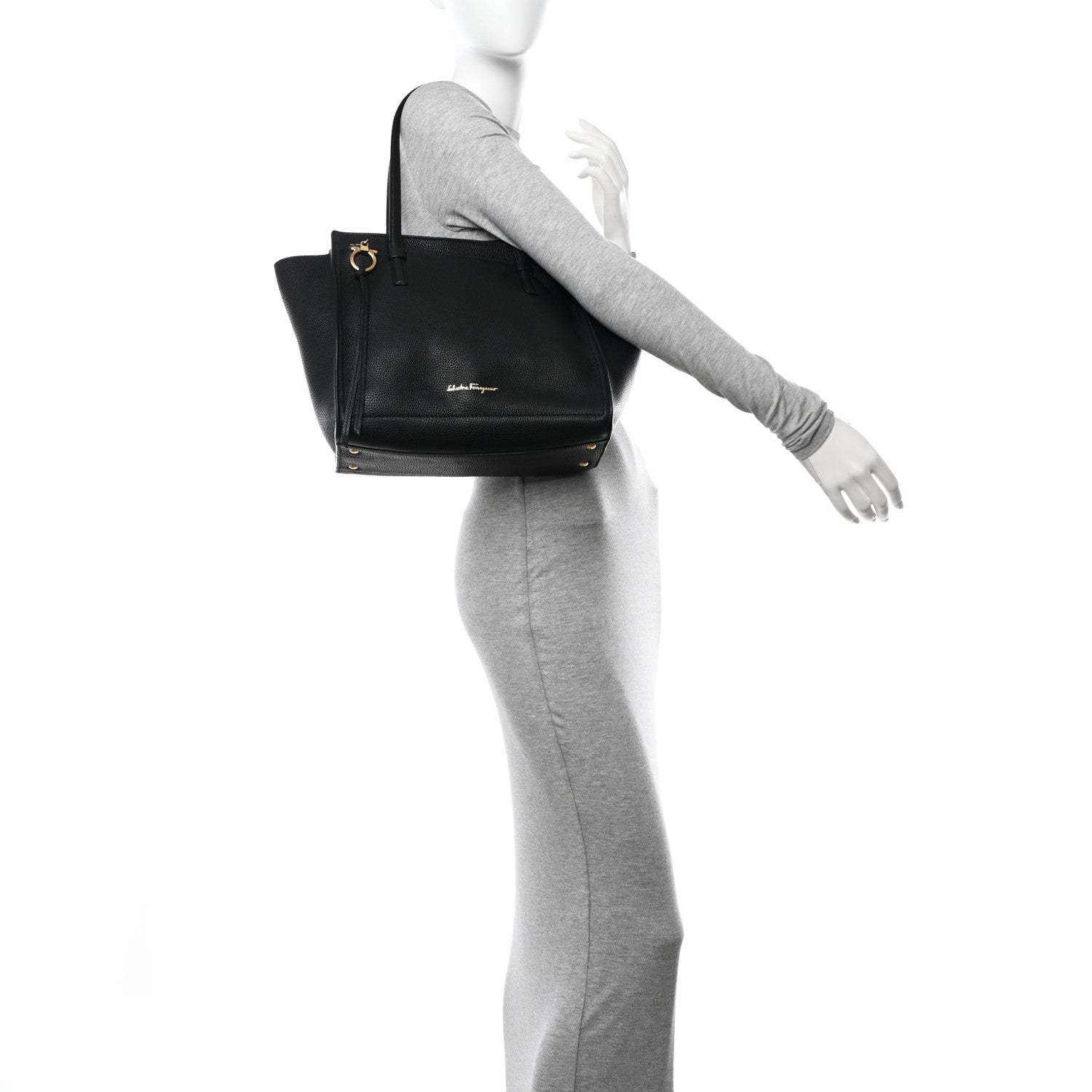 Salvatore Ferragamo Hammered Calfskin Double Handle Large Amy Tote Black 2 of 11