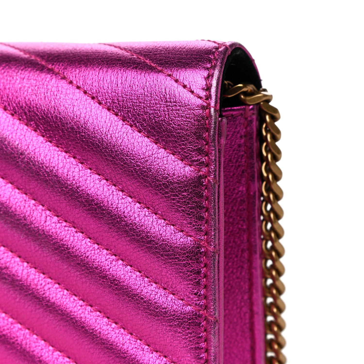 Saint Laurent Metallic Calfskin Matelasse Chevron Monogram Envelope Chain Wallet Fuchsia 13 of 15