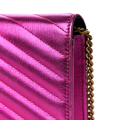 Saint Laurent Metallic Calfskin Matelasse Chevron Monogram Envelope Chain Wallet Fuchsia 13 of 15