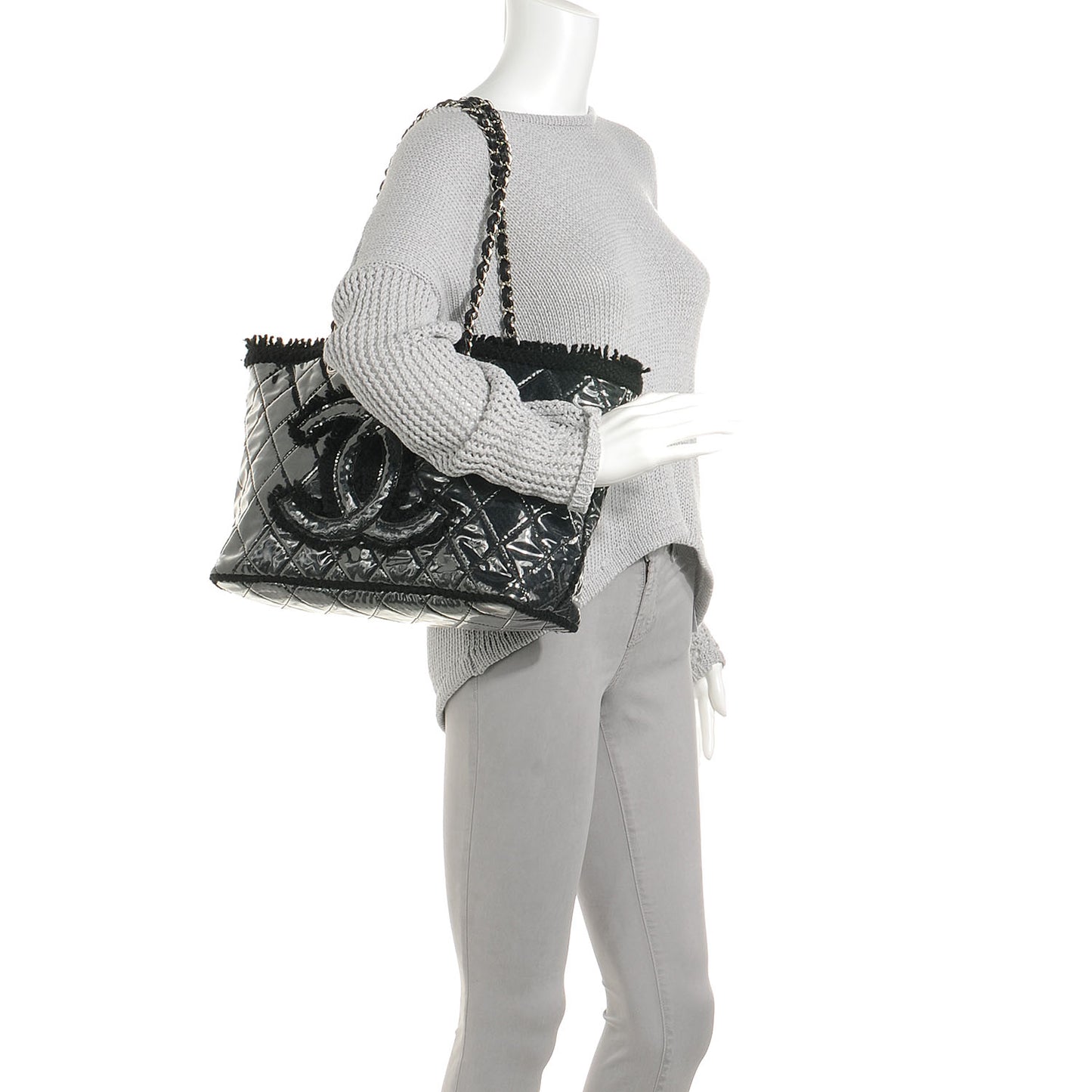 Vinyl Quilted Funny Tweed Tote Black