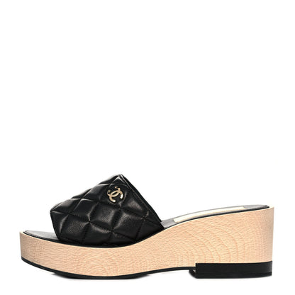 Chanel Lambskin Quilted CC Slip On Platform Sandals 39 Black 1 of 9