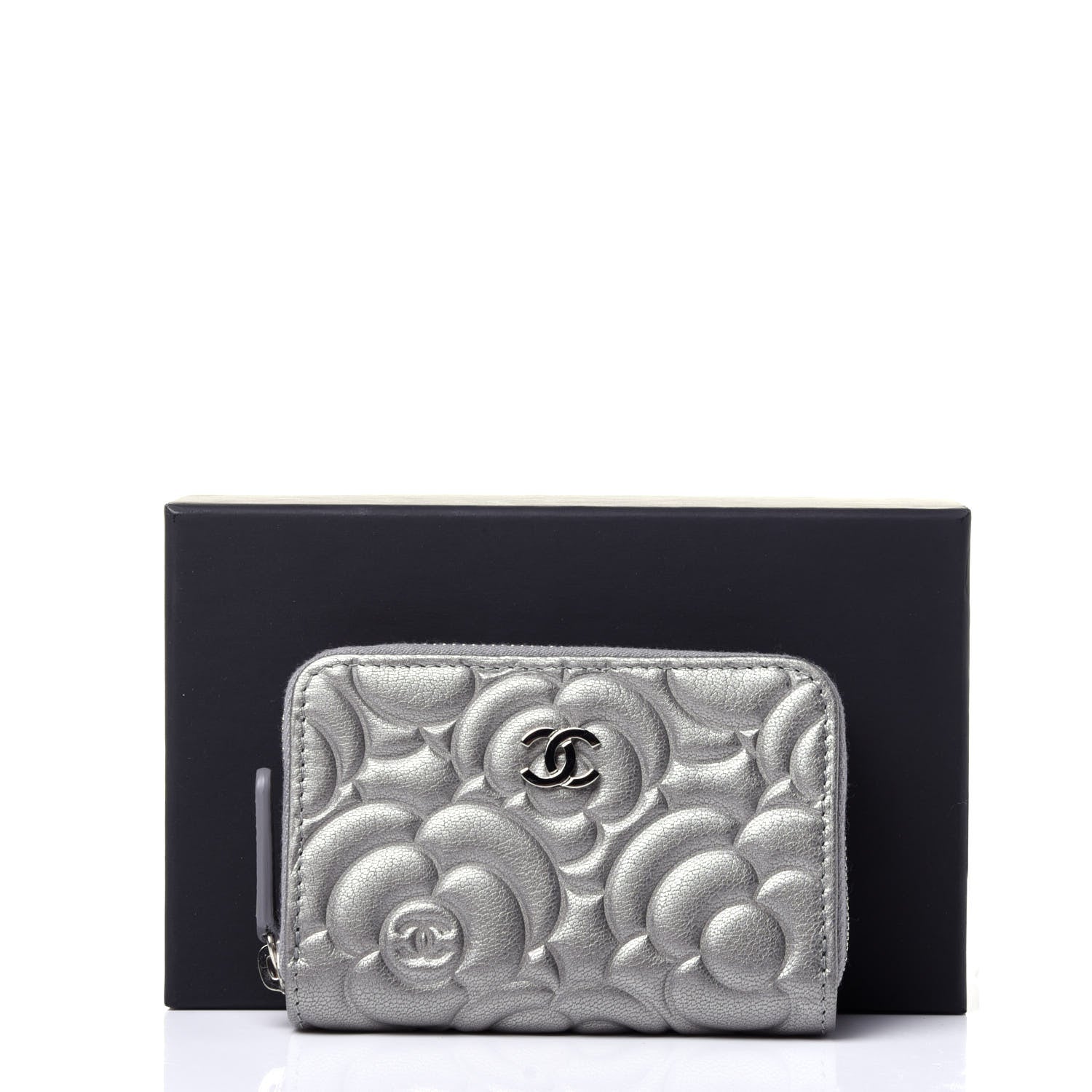 Chanel Goatskin Camellia Embossed Zip Coin Purse Silver 20 of 20