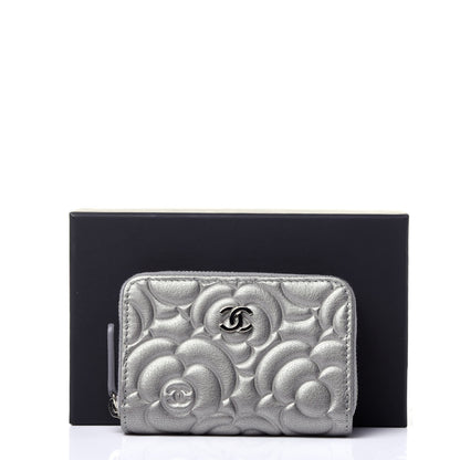 Chanel Goatskin Camellia Embossed Zip Coin Purse Silver 20 of 20