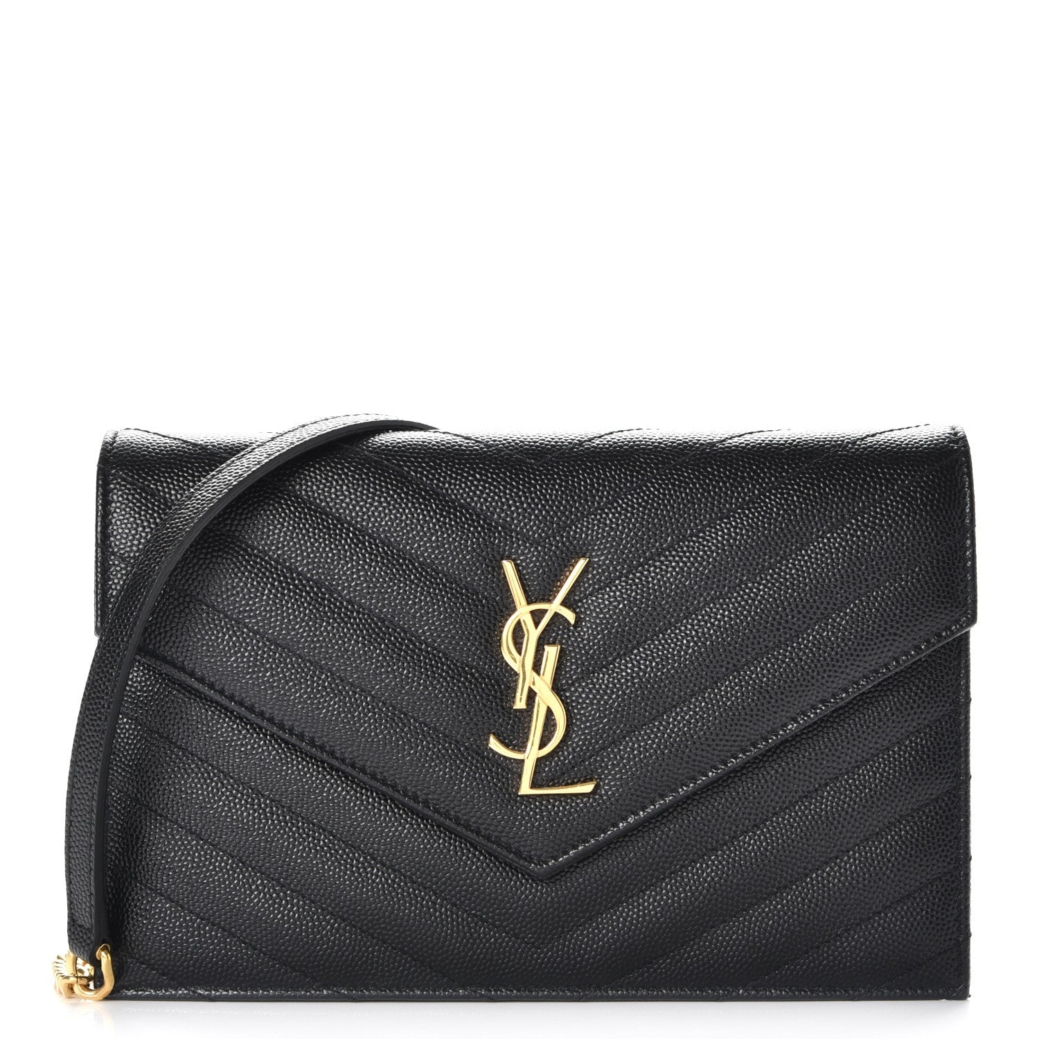 Saint Laurent Grain De Poudre Matelasse Chevron Monogram Envelope Chain Wallet Black 1 of 8