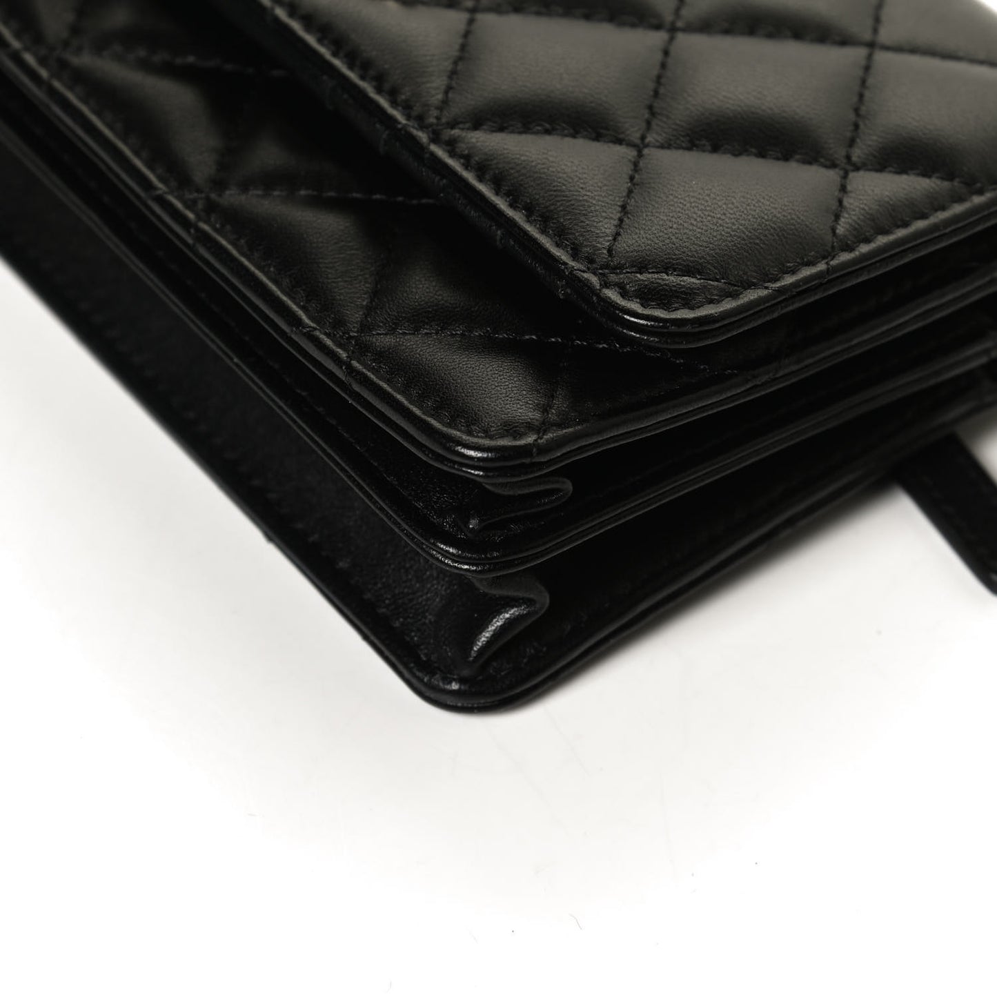 Lambskin Quilted Mini Camellia Bow Wallet On Chain WOC Black