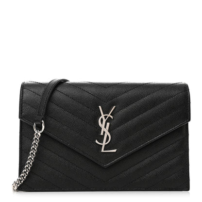 Saint Laurent Grain De Poudre Matelasse Chevron Monogram Envelope Chain Wallet Black 1 of 11