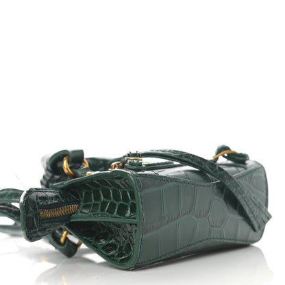 Balenciaga Shiny Supple Calfskin Crocodile Embossed Neo Classic Gold Hardware Super Nano City Crossbody Forest Green 4 of 11
