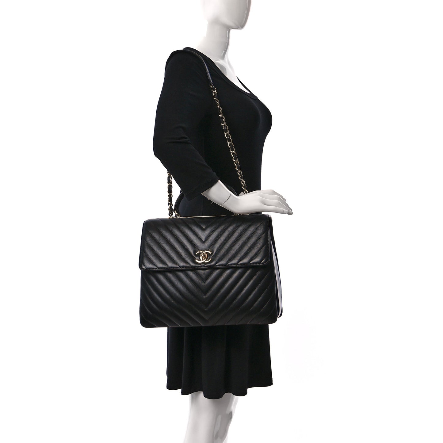 Lambskin Chevron Quilted Large Trendy CC Dual Handle Flap Bag Black