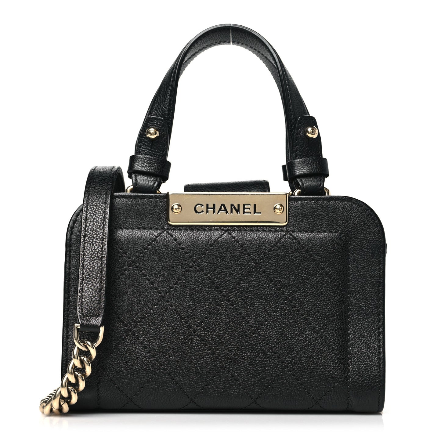 Grained Calfskin Stitched Mini Label Click Shopper Tote Black