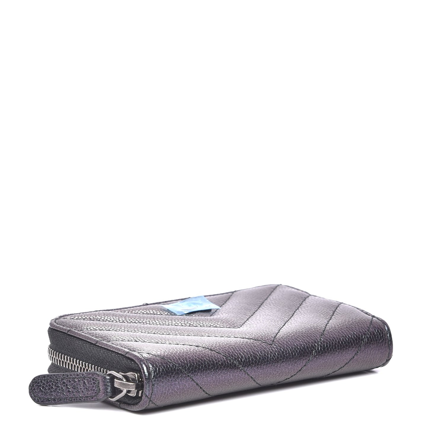 Iridescent Caviar Chevron Quilted Zip Around Coin Purse Black