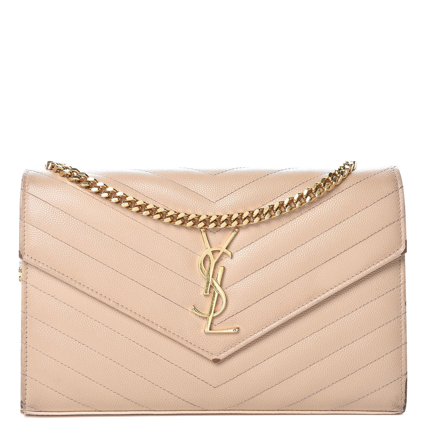 Saint Laurent Grain De Poudre Matelasse Chevron Monogram Chain Wallet Deep Beige 1 of 21