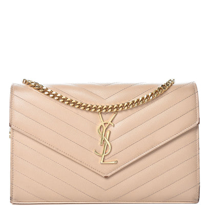 Saint Laurent Grain De Poudre Matelasse Chevron Monogram Chain Wallet Deep Beige 1 of 21